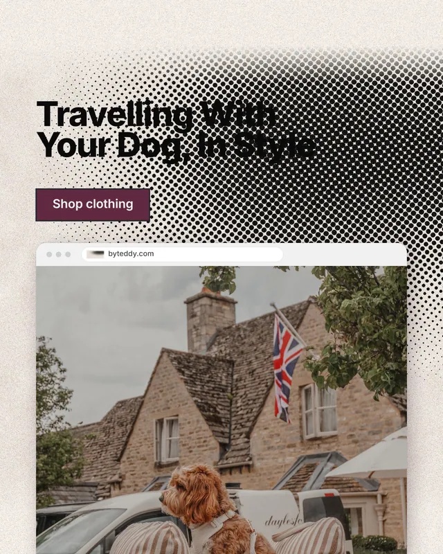 Instagram portrait post for By Teddy: "Travelling With Your Dog, In Style". Ink sticker style, browser layout, light palette in grey, orange, white.