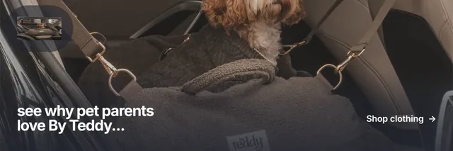 X header for By Teddy: "see why pet parents love By Teddy..." Swiss style, image led layout, dark palette in black, grey.