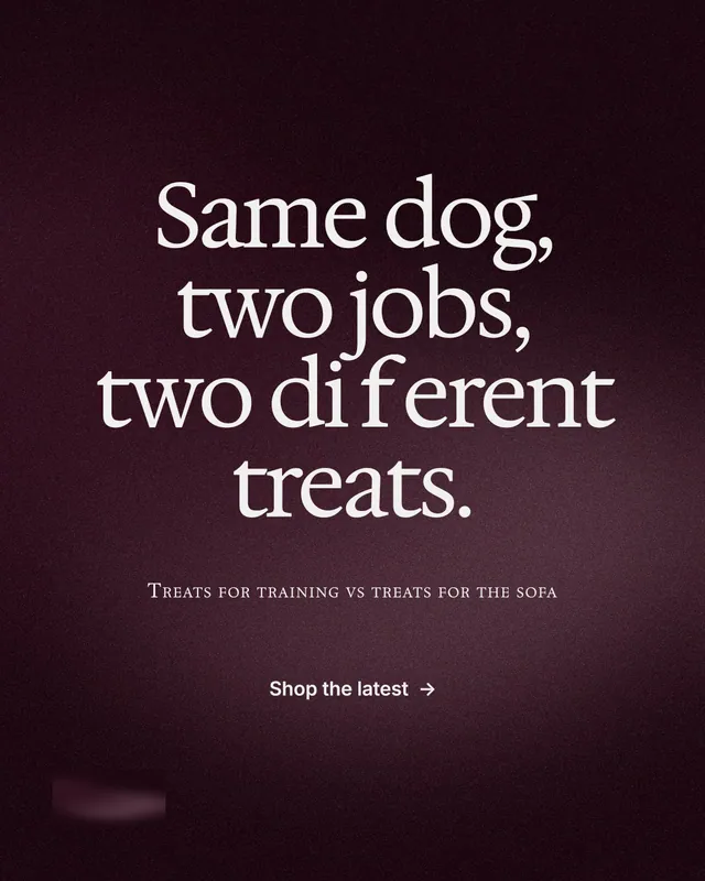 Instagram portrait post for By Teddy: "Same dog, two jobs, two different treats." Swiss style, smallcaps layout, dark palette in black, pink, grey.