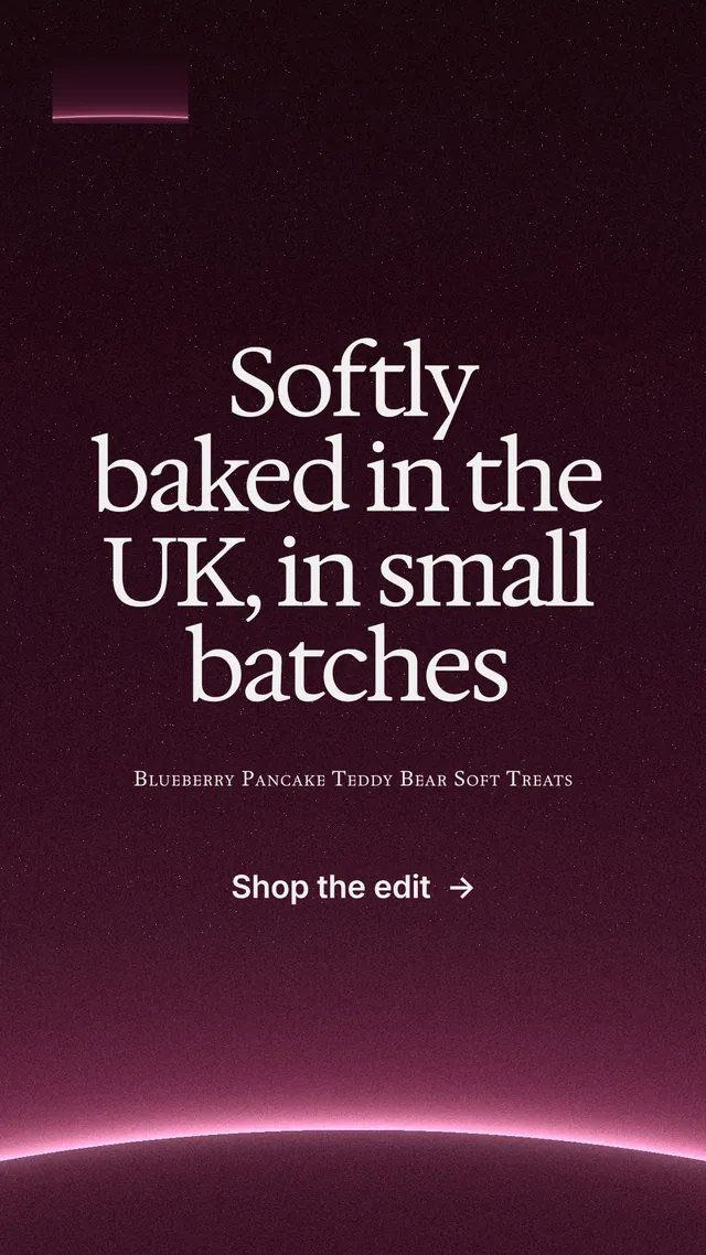 Instagram story for By Teddy: "Softly baked in the UK, in small batches". Swiss style, smallcaps layout, dark palette in black, pink, grey.