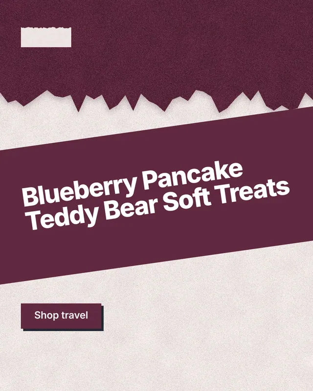 Instagram portrait post for By Teddy: "Blueberry Pancake Teddy Bear Soft Treats". Paper trio style, diagonal layout, light palette in orange, red, pink.