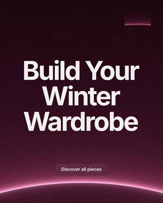Instagram portrait post for By Teddy: "Build Your Winter Wardrobe". Swiss style, centred layout, dark palette in pink, black, grey.