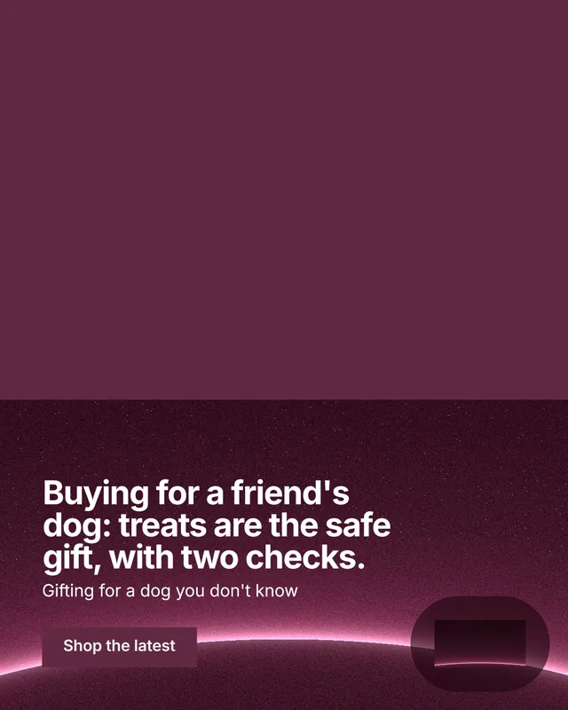 Instagram portrait post for By Teddy: "Buying for a friend's dog: treats are the safe gift, with two checks." Swiss style, bottom layout, dark palette in red, pink.