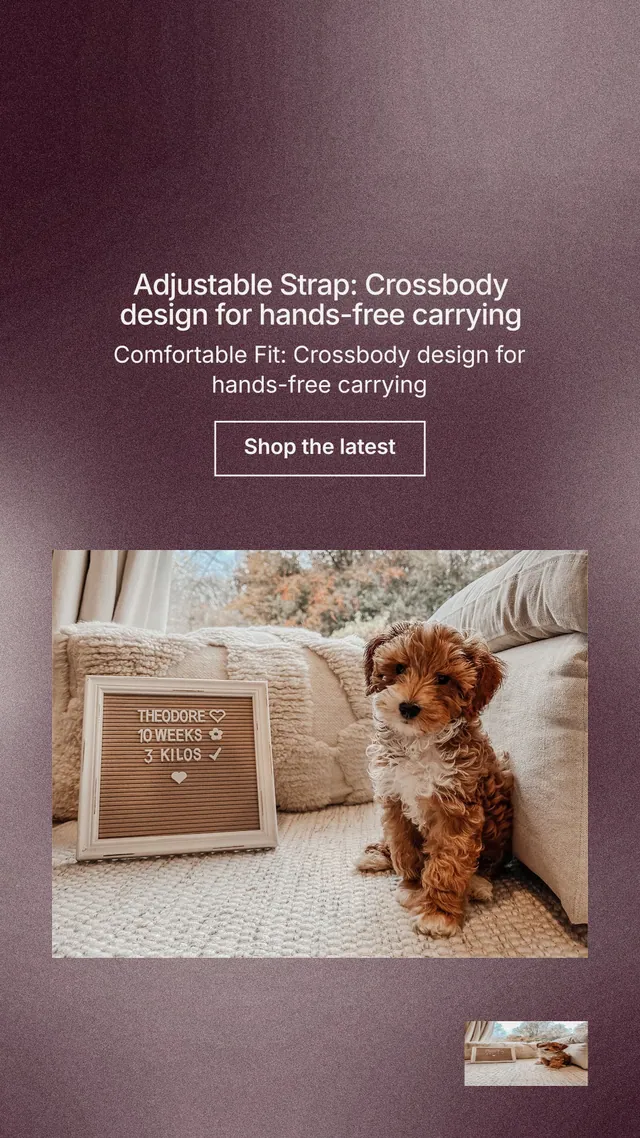 Instagram story for By Teddy: "Adjustable Strap: Crossbody design for hands-free carrying". Cyanotype style, centred layout, dark palette in grey, red.