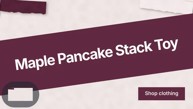 Landscape graphic for By Teddy: "Maple Pancake Stack Toy". Swiss style, diagonal layout, light palette in red, white, pink.