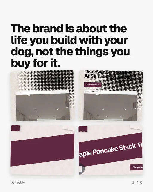 Carousel for By Teddy: "The brand is about the life you build with your dog, not the things you buy for it.". Collection carousel, 8 slides, light palette.