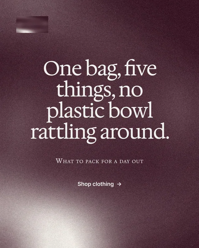 Instagram portrait post for By Teddy: "One bag, five things, no plastic bowl rattling around." Cyanotype style, smallcaps layout, dark palette in red, grey.