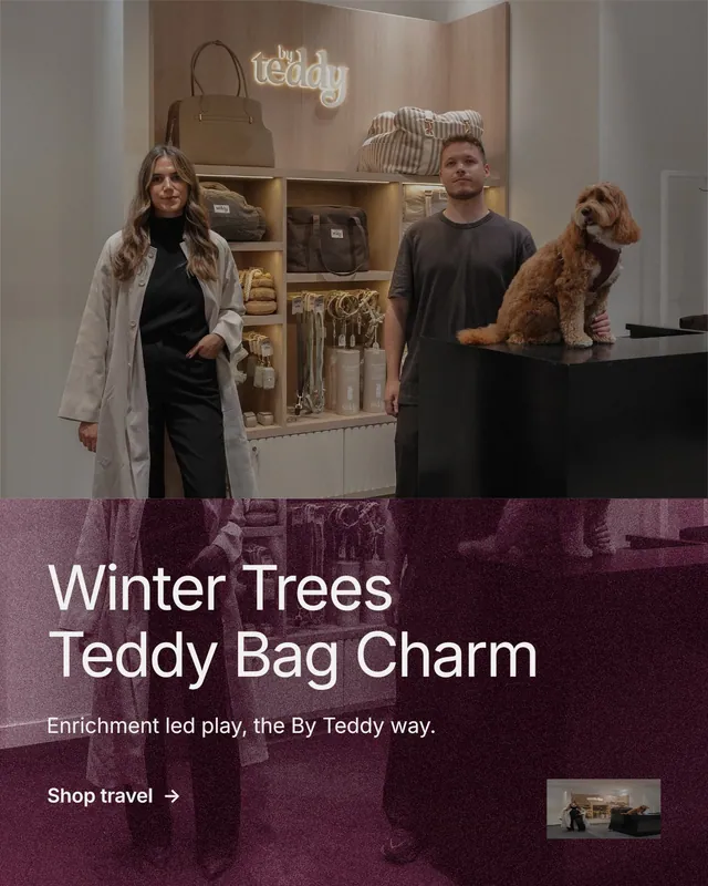 Instagram portrait post for By Teddy: "Winter Trees Teddy Bag Charm". Film still style, bottom layout, dark palette in grey, black, red.