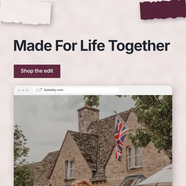 Instagram post for By Teddy: "Made For Life Together". Swiss style, browser layout, light palette in red, grey, white.