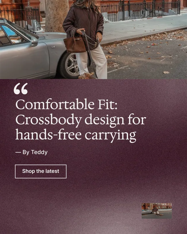 Instagram portrait post for By Teddy: "Comfortable Fit: Crossbody design for hands-free carrying". Cyanotype style, quote layout, dark palette in grey, red.