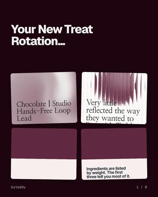 Carousel for By Teddy: "Your New Treat Rotation...". Collection carousel, 8 slides, dark palette.