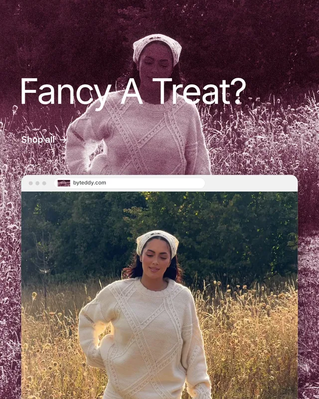 Instagram portrait post for By Teddy: "Fancy A Treat?" Film still style, browser layout, dark palette in pink, grey, orange.