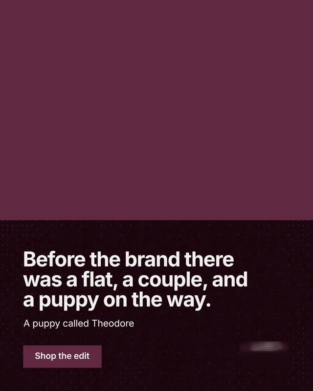 Instagram portrait post for By Teddy: "Before the brand there was a flat, a couple, and a puppy on the way." Swiss style, bottom layout, dark palette in red, black.