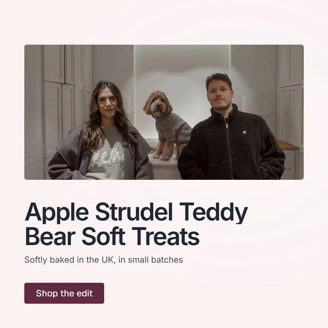 Video for By Teddy: "Apple Strudel Teddy Bear Soft Treats". Doc motion loop, 8.0 s, light palette.