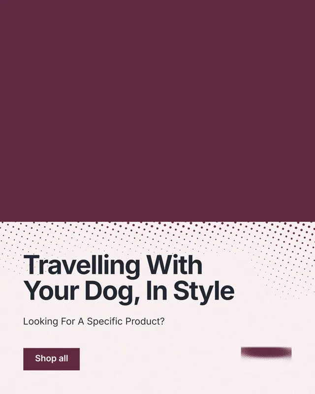 Instagram portrait post for By Teddy: "Travelling With Your Dog, In Style". Swiss style, bottom layout, light palette in red, white, grey.