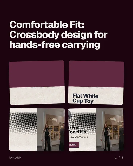 Carousel for By Teddy: "Comfortable Fit: Crossbody design for hands-free carrying". Collection carousel, 8 slides, dark palette.