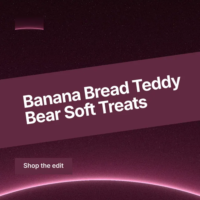 Instagram post for By Teddy: "Banana Bread Teddy Bear Soft Treats". Swiss style, diagonal layout, dark palette in black, red, pink.