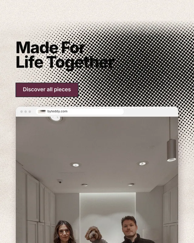 Instagram portrait post for By Teddy: "Made For Life Together". Ink sticker style, browser layout, light palette in grey, orange, white.