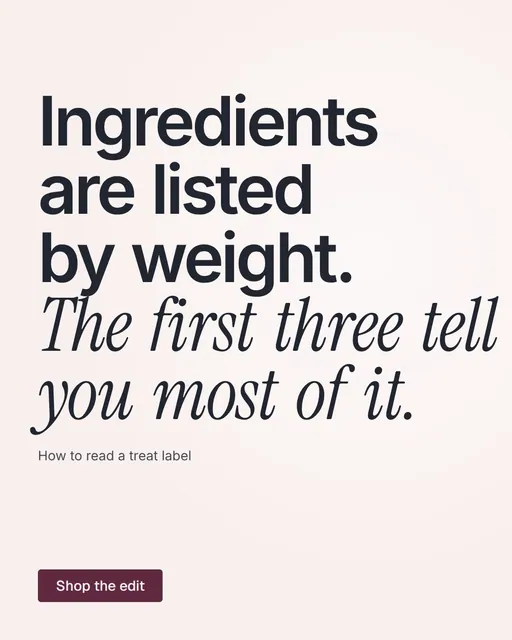 Video for By Teddy: "Ingredients are listed by weight. The first three tell you most of it.". Kinetic type grid, 6.0 s, light palette.