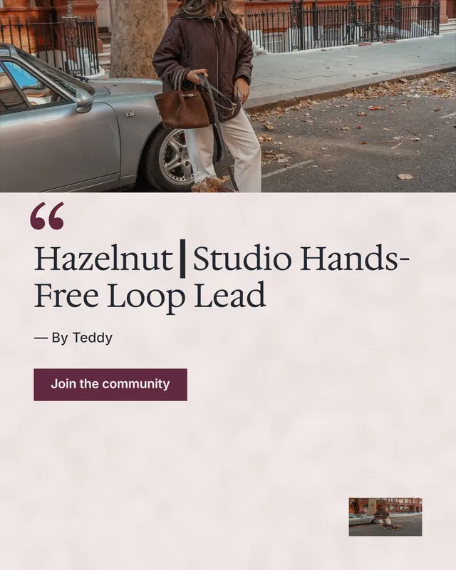 Instagram portrait post for By Teddy: "Hazelnut┃Studio Hands-Free Loop Lead". Swiss style, quote layout, light palette in red, grey, white.
