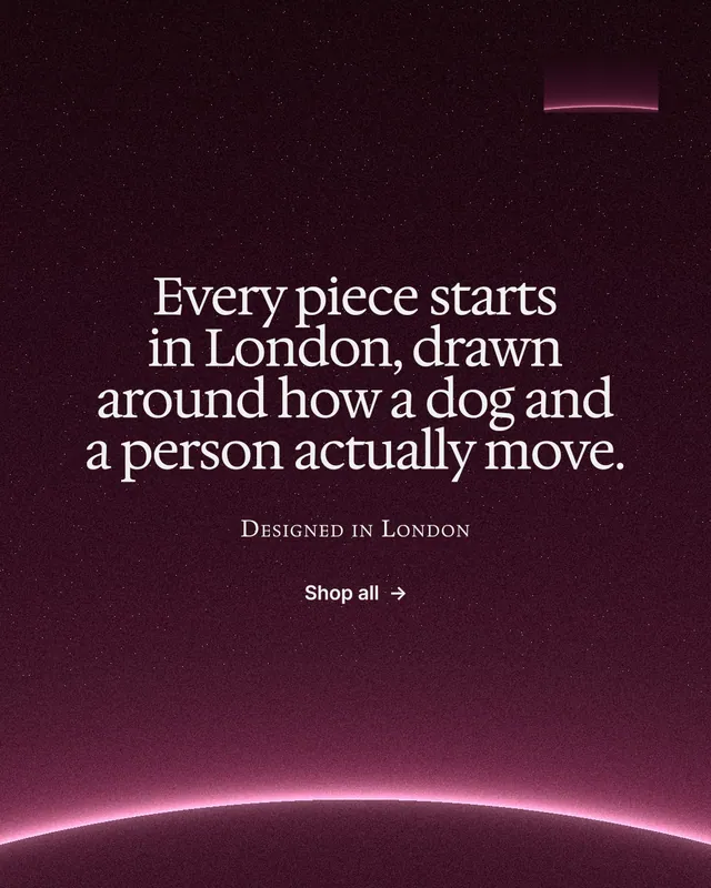 Instagram portrait post for By Teddy: "Every piece starts in London, drawn around how a dog and a person actually move." Swiss style, smallcaps layout, dark palette in black, pink.