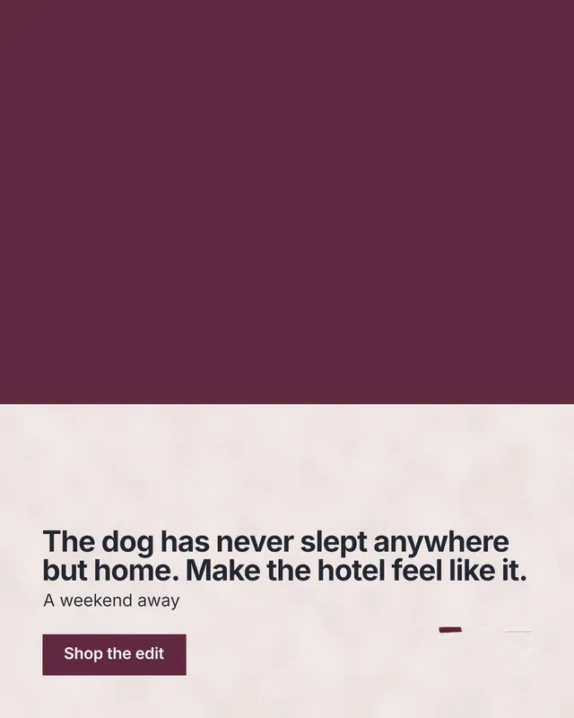 Instagram portrait post for By Teddy: "The dog has never slept anywhere but home. Make the hotel feel like it." Swiss style, bottom layout, light palette in red, grey.