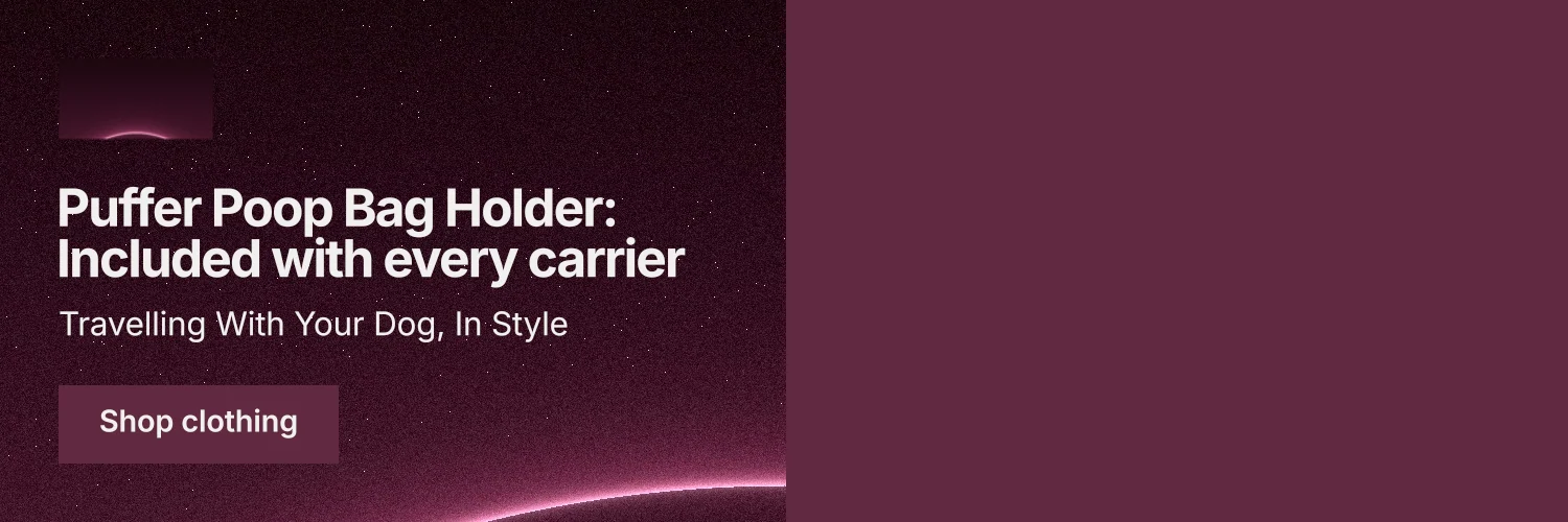 X header for By Teddy: "Puffer Poop Bag Holder: Included with every carrier". Swiss style, bottom layout, dark palette in red, pink, grey.