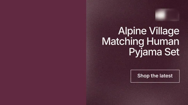 Landscape graphic for By Teddy: "Alpine Village Matching Human Pyjama Set". Cyanotype style, right layout, dark palette in red, grey.