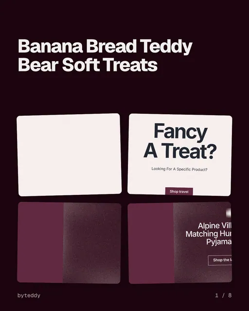 Carousel for By Teddy: "Banana Bread Teddy Bear Soft Treats". Collection carousel, 8 slides, dark palette.