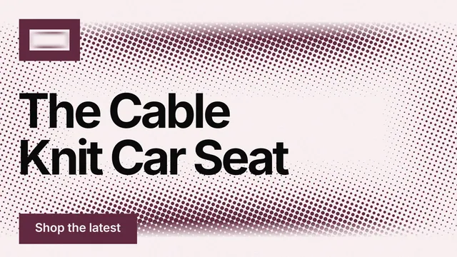 Landscape graphic for By Teddy: "The Cable Knit Car Seat". Swiss style, announce layout, light palette in red, white, grey.