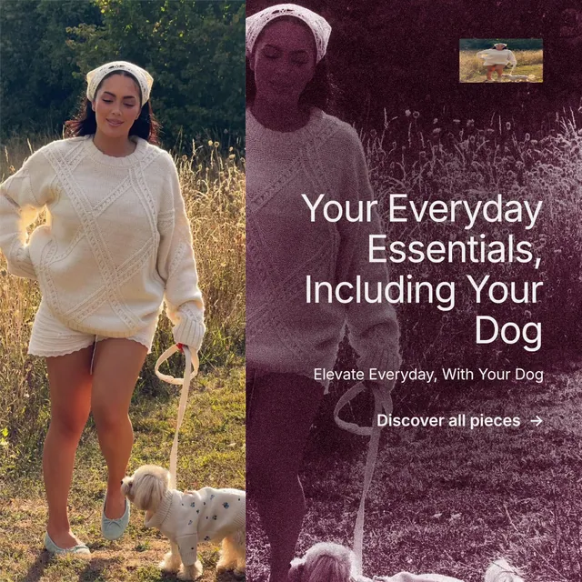 Instagram post for By Teddy: "Your Everyday Essentials, Including Your Dog". Film still style, right layout, dark palette in pink, red, grey.