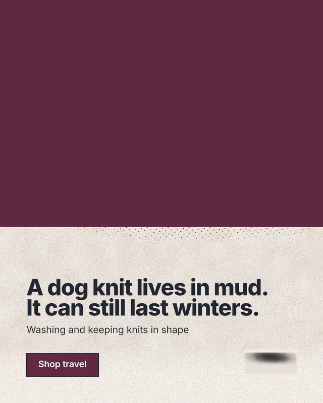 Instagram portrait post for By Teddy: "A dog knit lives in mud. It can still last winters." Ink sticker style, bottom layout, light palette in red, orange.