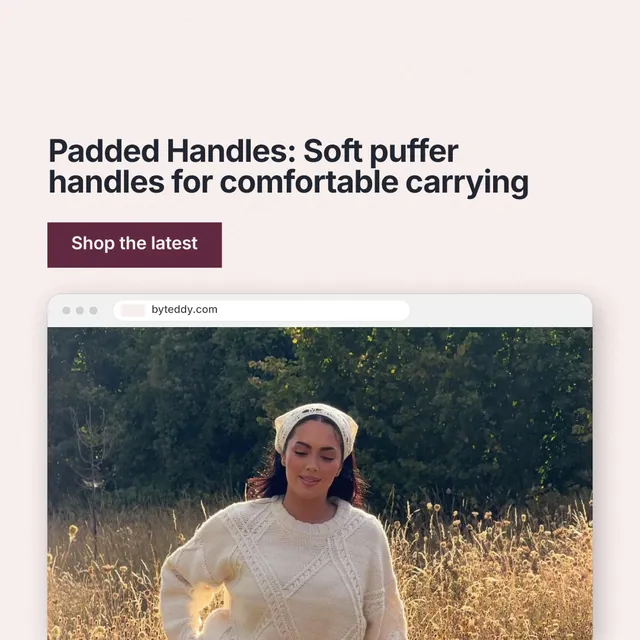 Instagram post for By Teddy: "Padded Handles: Soft puffer handles for comfortable carrying". Swiss style, browser layout, light palette in white, black, grey.