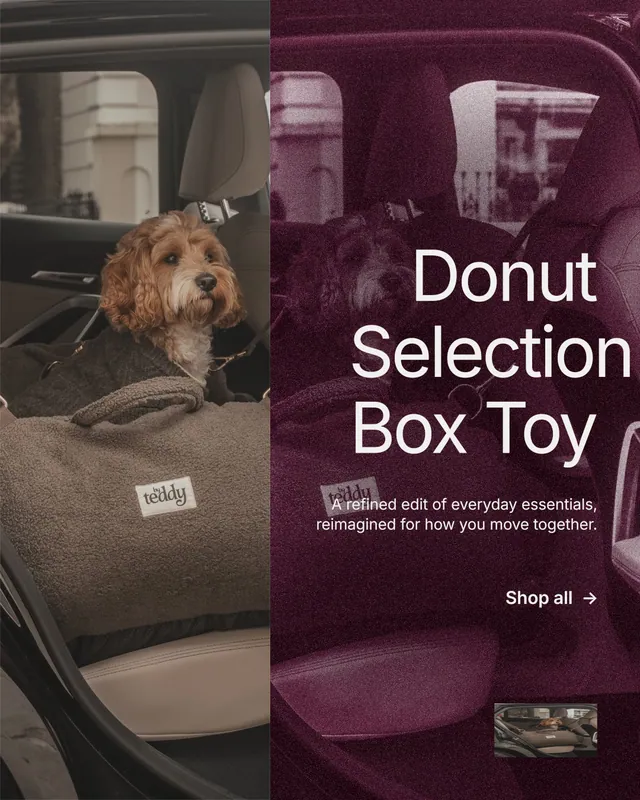 Instagram portrait post for By Teddy: "Donut Selection Box Toy". Film still style, right layout, dark palette in pink, red, grey.