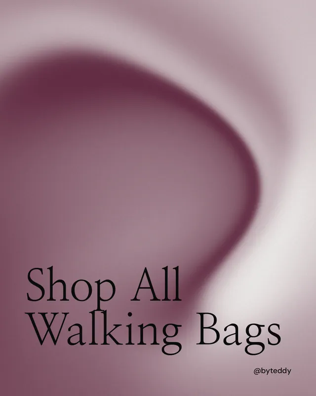 Instagram portrait post for By Teddy: "Shop All Walking Bags". Auto 4x5 style, technique:shader field layout, light palette in grey, red, white.