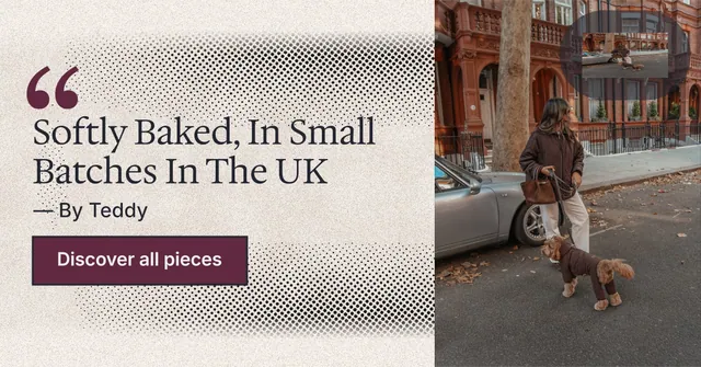 Social ad for By Teddy: "Softly Baked, In Small Batches In The UK". Ink sticker style, quote layout, light palette in grey, orange.