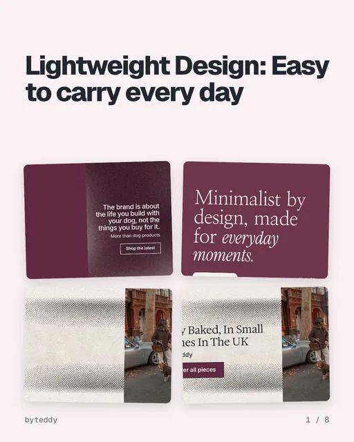 Carousel for By Teddy: "Lightweight Design: Easy to carry every day". Collection carousel, 8 slides, light palette.