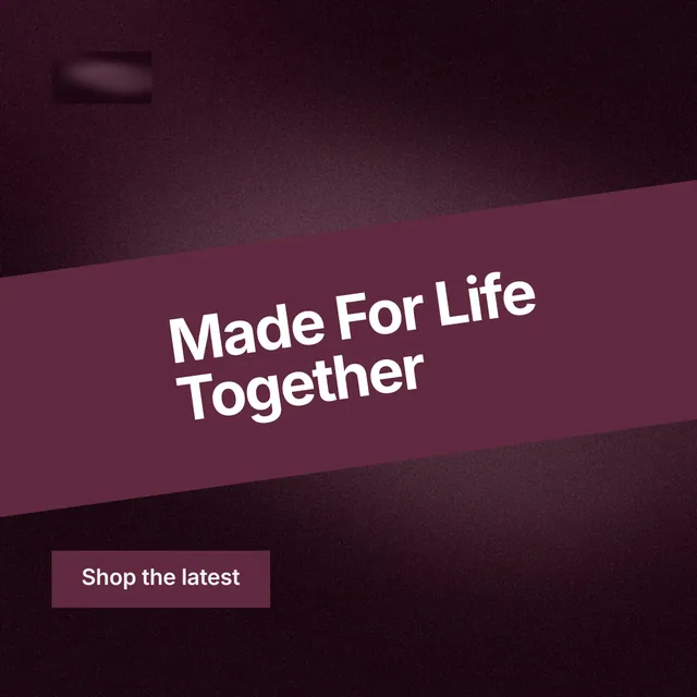 Instagram post for By Teddy: "Made For Life Together". Swiss style, diagonal layout, dark palette in pink, black, red.