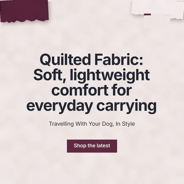 Instagram post for By Teddy: "Quilted Fabric: Soft, lightweight comfort for everyday carrying". Swiss style, centred layout, light palette in red, grey, white.