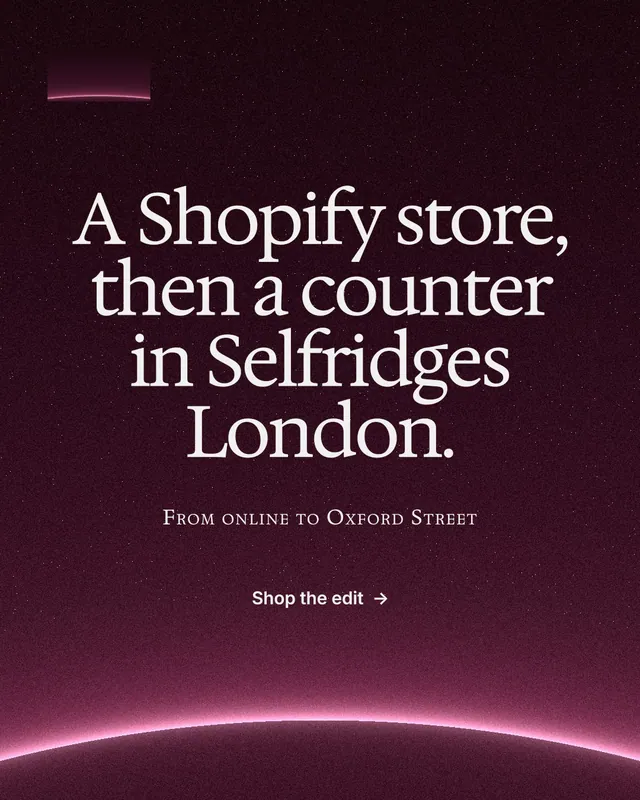 Instagram portrait post for By Teddy: "A Shopify store, then a counter in Selfridges London." Swiss style, smallcaps layout, dark palette in black, pink, grey.