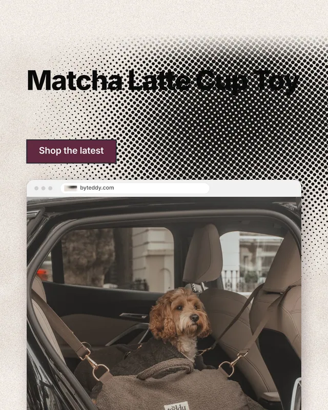 Instagram portrait post for By Teddy: "Matcha Latte Cup Toy". Ink sticker style, browser layout, light palette in orange, black, grey.