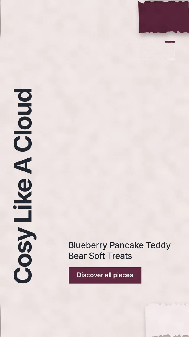 Instagram story for By Teddy: "Cosy Like A Cloud". Swiss style, vertical layout, light palette in red, white, grey.