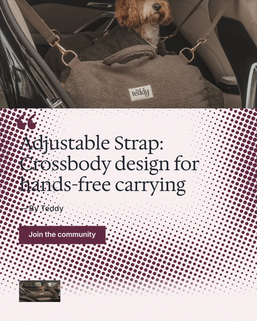 Instagram portrait post for By Teddy: "Adjustable Strap: Crossbody design for hands-free carrying". Swiss style, quote layout, light palette in white, black, grey.