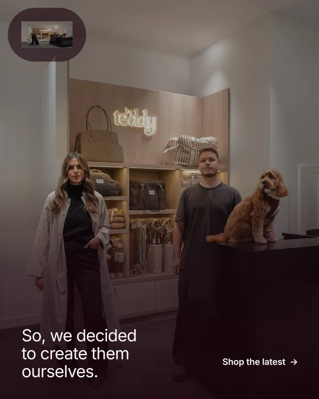 Instagram portrait post for By Teddy: "So, we decided to create them ourselves." Film still style, image led layout, dark palette in black, grey, red.