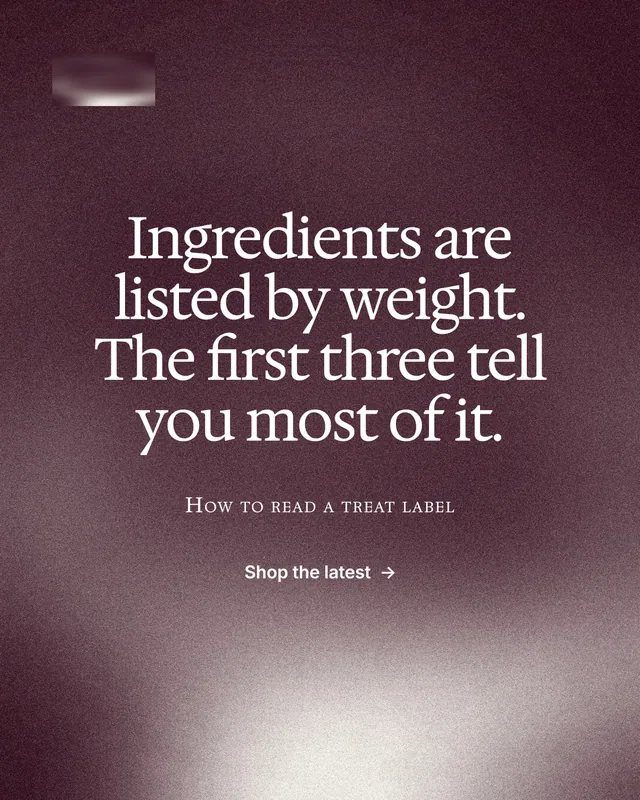 Instagram portrait post for By Teddy: "Ingredients are listed by weight. The first three tell you most of it." Cyanotype style, smallcaps layout, dark palette in grey, red.
