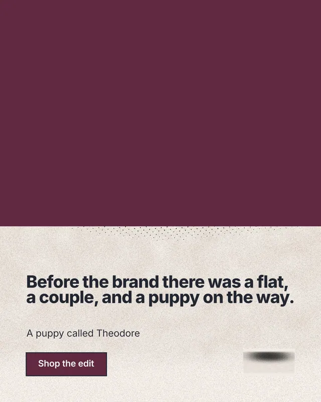 Instagram portrait post for By Teddy: "Before the brand there was a flat, a couple, and a puppy on the way." Ink sticker style, bottom layout, light palette in red, orange.