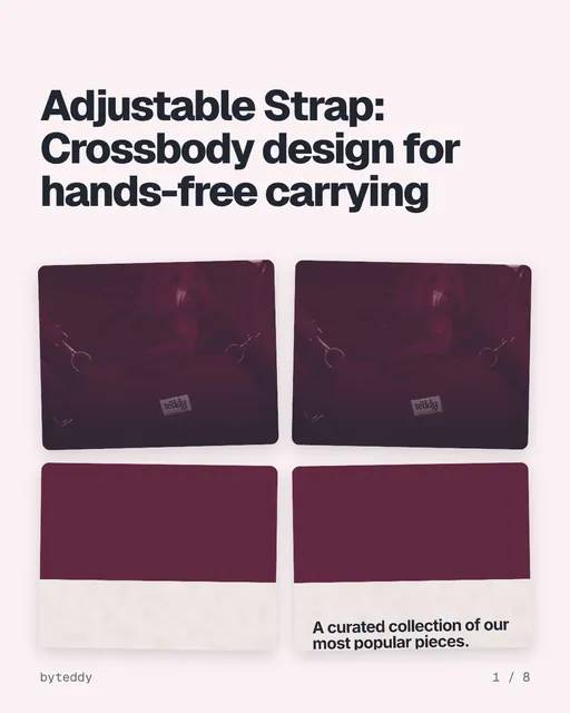 Carousel for By Teddy: "Adjustable Strap: Crossbody design for hands-free carrying". Collection carousel, 8 slides, light palette.