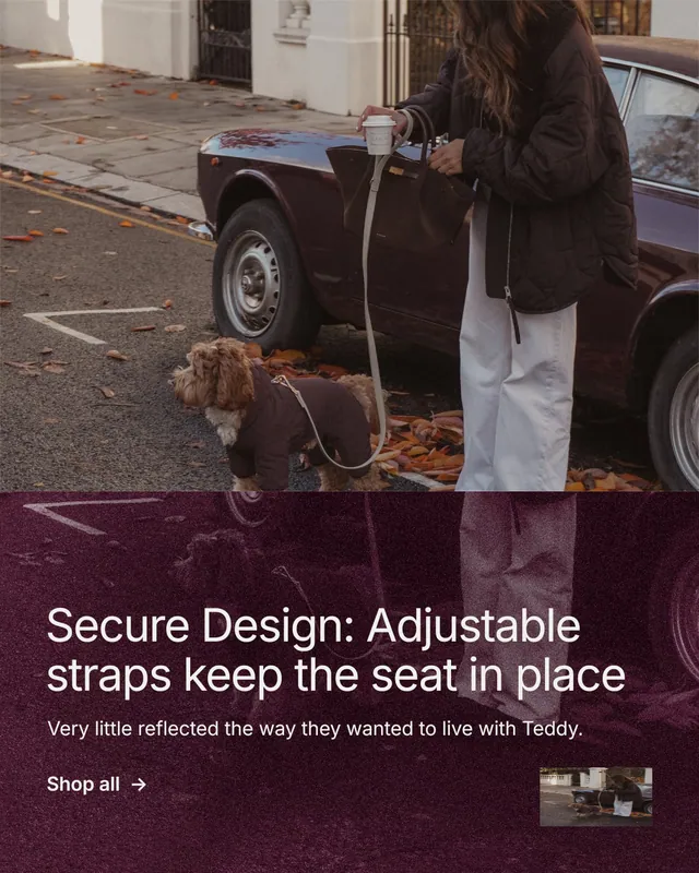 Instagram portrait post for By Teddy: "Secure Design: Adjustable straps keep the seat in place". Film still style, bottom layout, dark palette in grey, black, red.