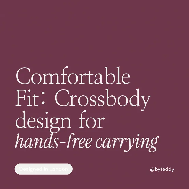 Instagram post for By Teddy: "Comfortable Fit: Crossbody design for hands-free carrying". Caption style, technique:mixed type lockup layout, dark palette in red, grey.