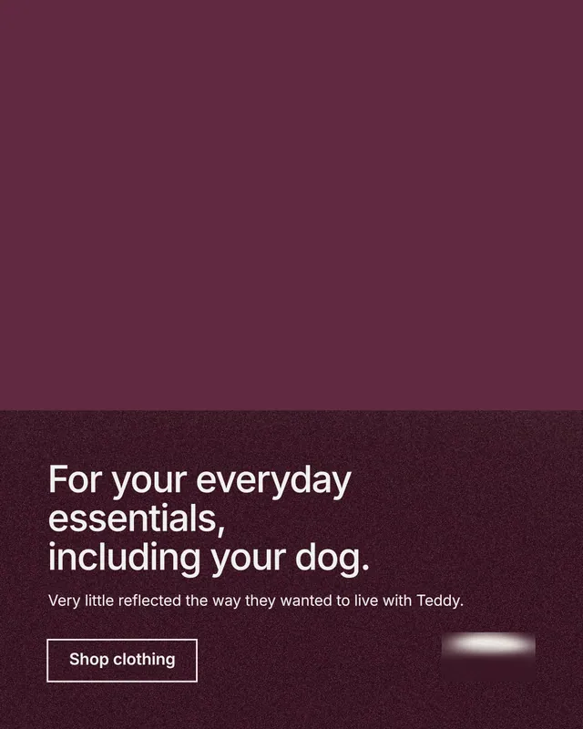 Instagram portrait post for By Teddy: "For your everyday essentials, including your dog." Cyanotype style, bottom layout, dark palette in red.